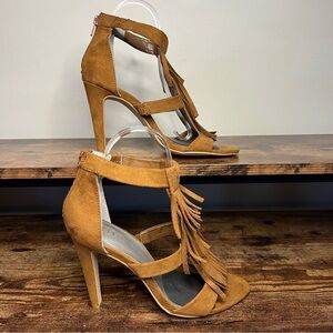ana‎ Brown Faux Suede Tiered Fringe Front Open Toe 4" Heel Sandals Women's 7